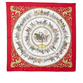 Hermès-Hermes Red La Promenade De Longchamps Silk Scarf-White,Red