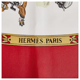 Hermès-Foulard Hermès Rouge La Promenade De Longchamps En Soie-Blanc,Rouge