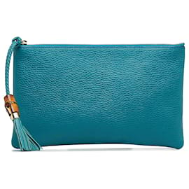 Gucci-Gucci Blue Bamboo Leather Pouch-Blue