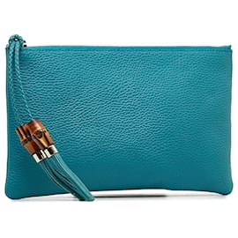Gucci-Gucci Blue Bamboo Leather Pouch-Blue