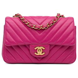 Chanel-Chanel Pink Mini Chevron Classic Lammfellklappe-Pink