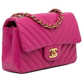 Chanel-Chanel Aba de pele de cordeiro clássica rosa Mini Chevron-Rosa