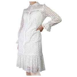 Anna Sui Vestido midi branco com botões e broderie anglais e slip - size UK 8 Branco