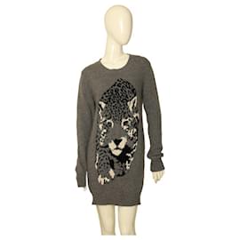 Stella Mc Cartney-Stella McCartney gray cashmere sweater dress leopard upperr retailed at $1,145-Grey