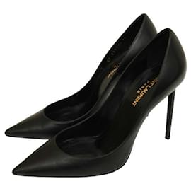 Saint Laurent-Saint Laurent YSL ZOE Black Calf Skin Leather Heels Stiletto Pumps 39-Black