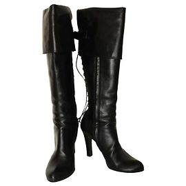 Alexander McQueen Black Leather Knee Height high heel Boots with laces Black