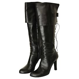 Alexander Mcqueen-Alexander McQueen Black Leather Knee Height high heel Boots with laces-Black