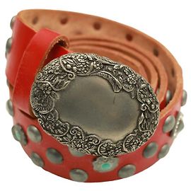 Paul Smith Red Leather Studded Silver Tone Buckle Women's Waist BELT Size L Red