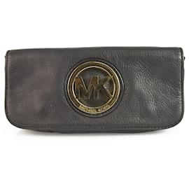 Michael Kors-Michael by Michael Kors Fulton Black Leather Flap Top Logo Clutch Bag Handbag-Black