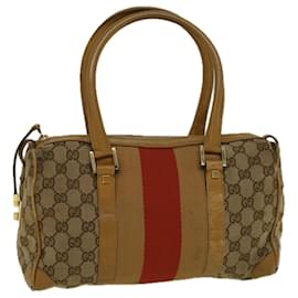 Gucci-GUCCI GG Canvas Sherry Line Hand Bag Beige Brown Red 000 0851 002122 auth 58695-Brown,Red,Beige