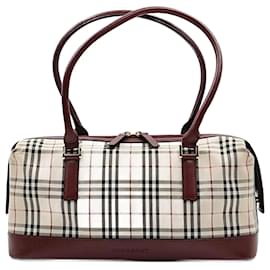 Burberry-Burberry Burberry shoulder bag in burgundy check canvas and leather-Beige