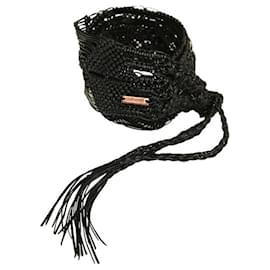 Roberto Cavalli-Roberto Cavalli Black Leather Macrame Braided Tie Women's Wide Waist BELT-Black