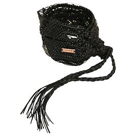 Roberto Cavalli Gravata trançada em macramê de couro preto Cinto feminino cintura larga Preto