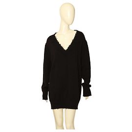 T by Alexander Wang – Schwarzes Strickpulloverkleid mit V-Ausschnitt und Used-Look Schwarz