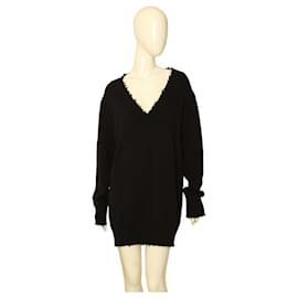 Alexander Wang-T by Alexander Wang Black Knit V- Neckline Distressed Jumper Sweater Dress-Black