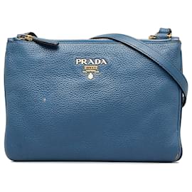 Prada-Prada Blue Vitello Phenix Double Zip Crossbody-Blue