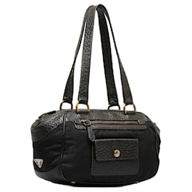 Prada-Prada Black Berlino-Trimmed Tessuto Shoulder Bag-Black