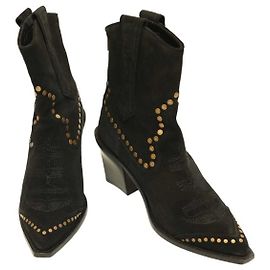 Zadig & Voltaire Cara Black Suede Studs Stitching Cowboy Boots Booties Shoes 40 Black
