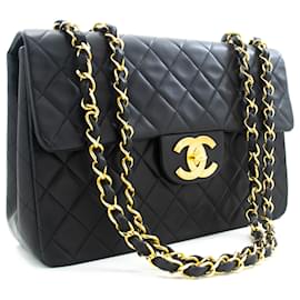 Chanel-CHANEL Classic Large 13" Flap Chain Shoulder Bag Schwarzes Lammleder-Schwarz