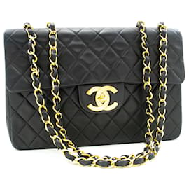 Chanel-CHANEL Clássico Grande 13" Bolsa de ombro de corrente com aba pele de cordeiro preta-Preto