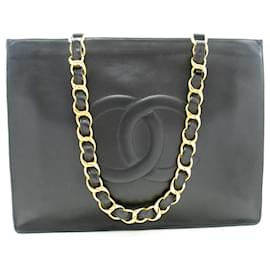 Chanel-CHANEL Jumbo Large Big Chain Shoulder Bag Black Lambskin Leather-Black