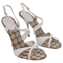 Gucci-Gucci Cross Strap Slingback Sandals in Off-White Suede And GG Canvas-White,Cream