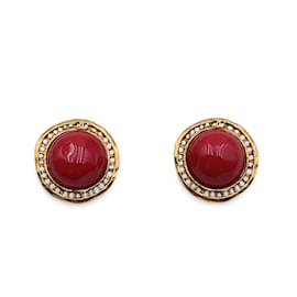 Chanel-Vintage Round Gold Metal Clip On Red Cabochon Earrings-Golden