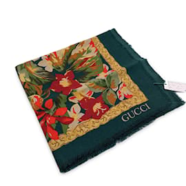 Gucci-Vintage Green Wool and Silk Large Shawl Maxi Scarf Floral-Green