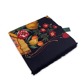 Gucci-Vintage Wool and Silk Large Shawl Maxi Scarf Flowers and Fans-Black
