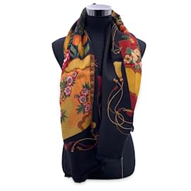 Gucci-Vintage Wool and Silk Large Shawl Maxi Scarf Flowers and Fans-Black