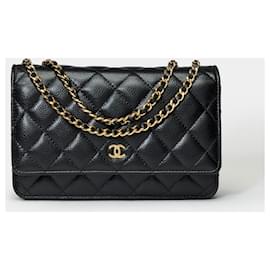 Chanel-CHANEL Portemonnaie an Kettentasche aus schwarzem Leder - 101549-Schwarz