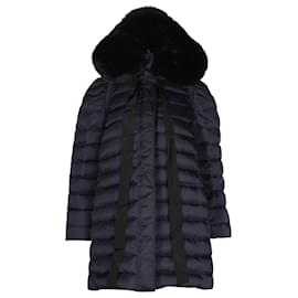 Miu Miu-Miu Miu Long Down Coat with Fur Hood in Navy Blue Nylon-Blue