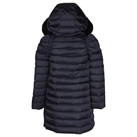 Miu Miu-Miu Miu Manteau long en duvet avec capuche en fourrure en nylon bleu marine-Bleu