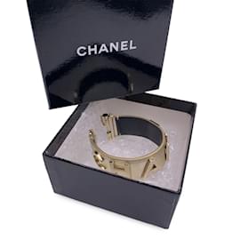 Chanel-Gold Metal Leather Logo Lettering Cuff Bracelet Size M-Golden