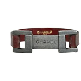 Chanel-Chanel Red Metal Logo and Leather Bracelet-Brown,Silvery,Red