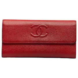 Chanel-Cartera larga de cuero Caviar CC roja de Chanel-Roja