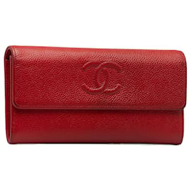 Chanel-Cartera larga de cuero Caviar CC roja de Chanel-Roja