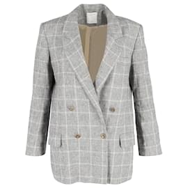 Sandro-Sandro Paris Beyane Blazer à carreaux à boutonnage doublé en coton gris-Gris