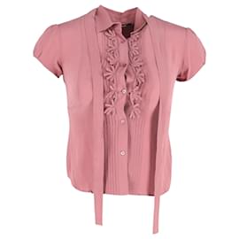 Max Mara-Max Mara Short Sleeve Tie-Neck Blouse in Pink Silk-Pink