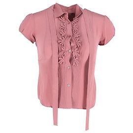 Max Mara Kurzarmbluse mit Bindekragen aus rosa Seide Pink