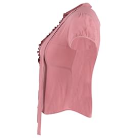 Max Mara-Max Mara Short Sleeve Tie-Neck Blouse in Pink Silk-Pink