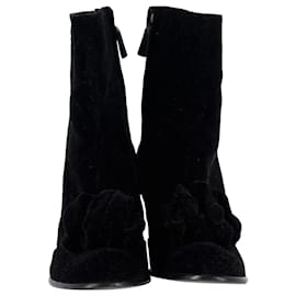 Chanel-Chanel Flower Detail Ankle Boots in Black Velvet-Black