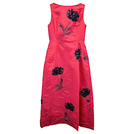 Oscar de la Renta-Oscar de la Renta Floral Embellished Sleeveless Dress in Red Silk-Red