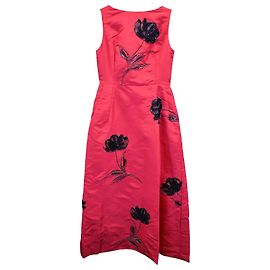 Vestido sem mangas com enfeites florais Oscar de la Renta em seda vermelha Vermelho