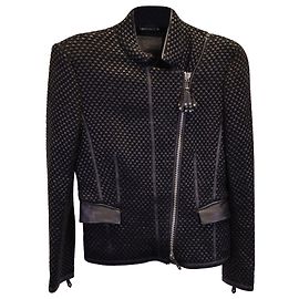 Giorgio Armani Woven Asymmetric Zip Jacket in Black Lambskin Leather Black
