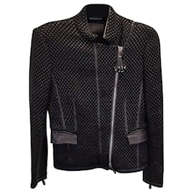 Giorgio Armani-Giorgio Armani Woven Asymmetric Zip Jacket in Black Lambskin Leather-Black