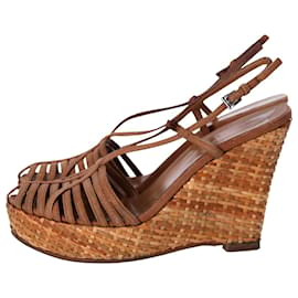 Prada-Prada Platform Straw Wedge Sandals in Brown Leather-Brown