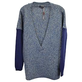 Etro-Etro Two-Toned V-Front Sweater in Blue Wool and Cashmere-Blue