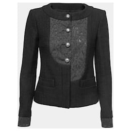 Chanel-Chanel 15P Keira Knightley schwarze Spitzen-Latzjacke ohne Kragen FR 40-Schwarz