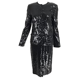 Chanel-RARE Chanel Karl Lagerfelds 1st RTW collection Black Sequin Jacket and Skirt Suit FR 42-Black